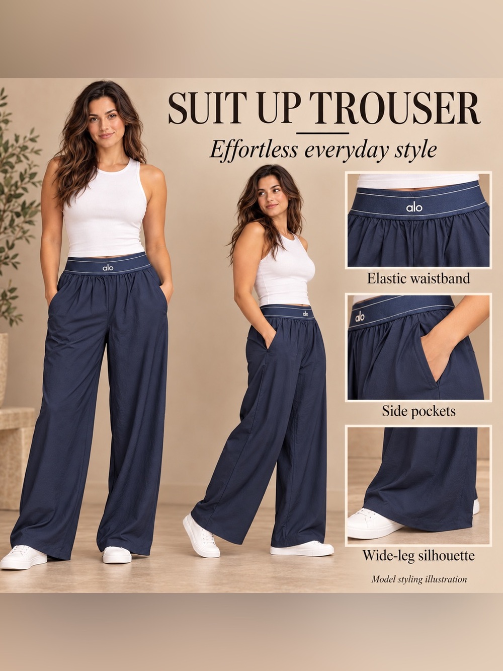 ALO Yoga Navy Wide-Leg Suit Up Trousers